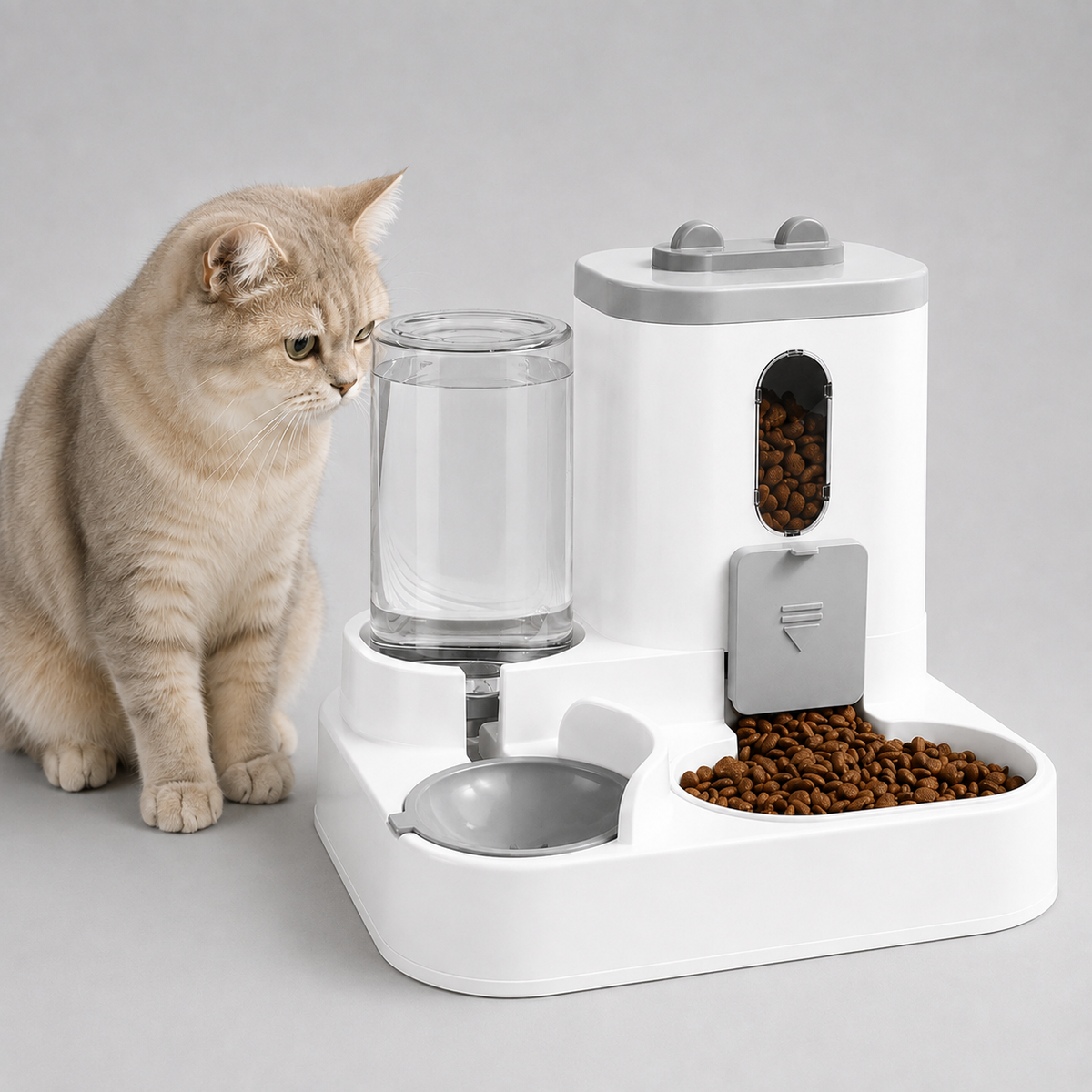 Distributeur automatique de nourriture pour chat avec réservoir d'eau - Gamelle 2-en-1 (nourriture et boisson), 1,6 L