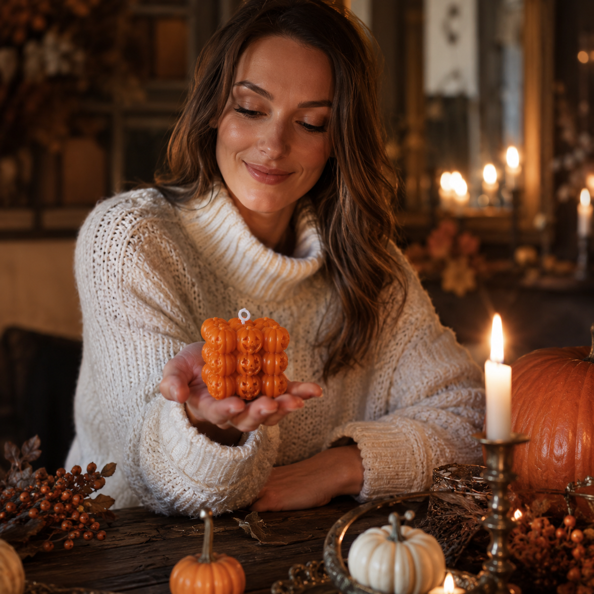 Gifts – Seasonal – Halloween : Bougie cubique citrouille d'Halloween en cire de soja - 6,5 cm dans de Pantinoshop