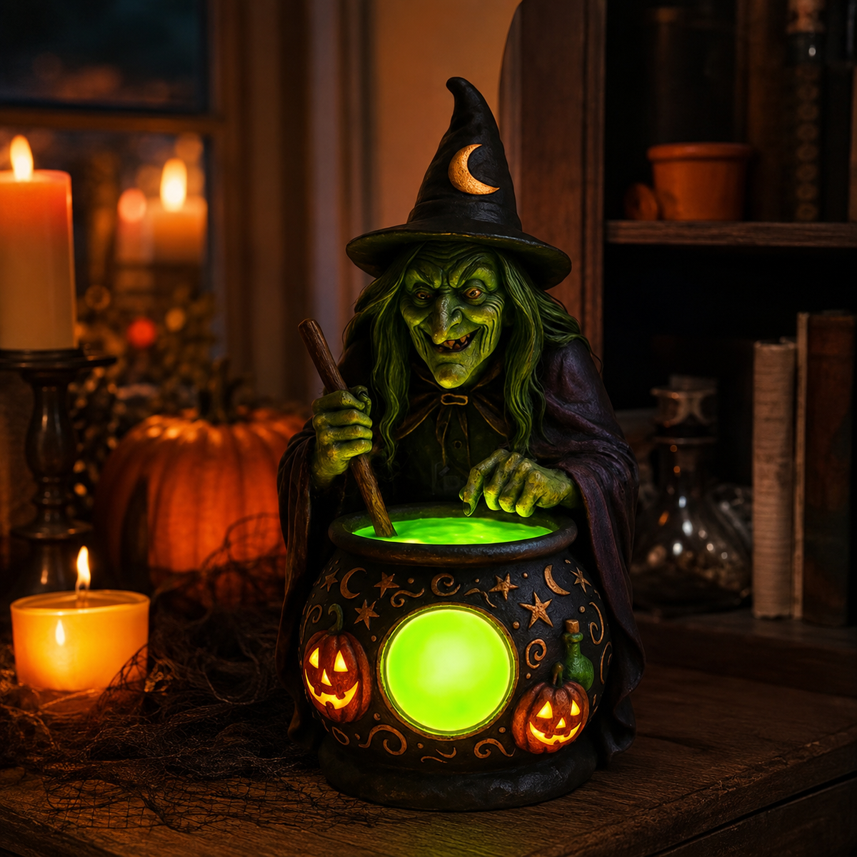 Lampe de Table Chaudron de Sorcière en Résine avec LED Vert Néon