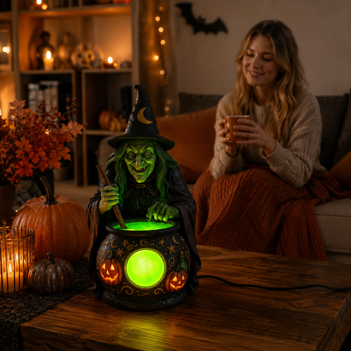 Lampe de Table Chaudron de Sorcière en Résine avec LED Vert Néon