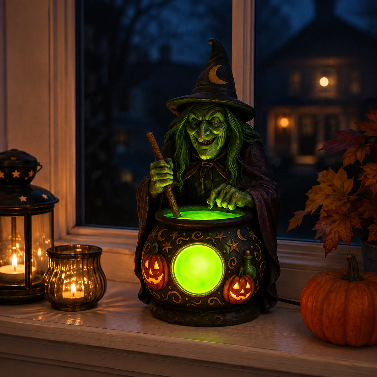 Lampe de Table Chaudron de Sorcière en Résine avec LED Vert Néon
