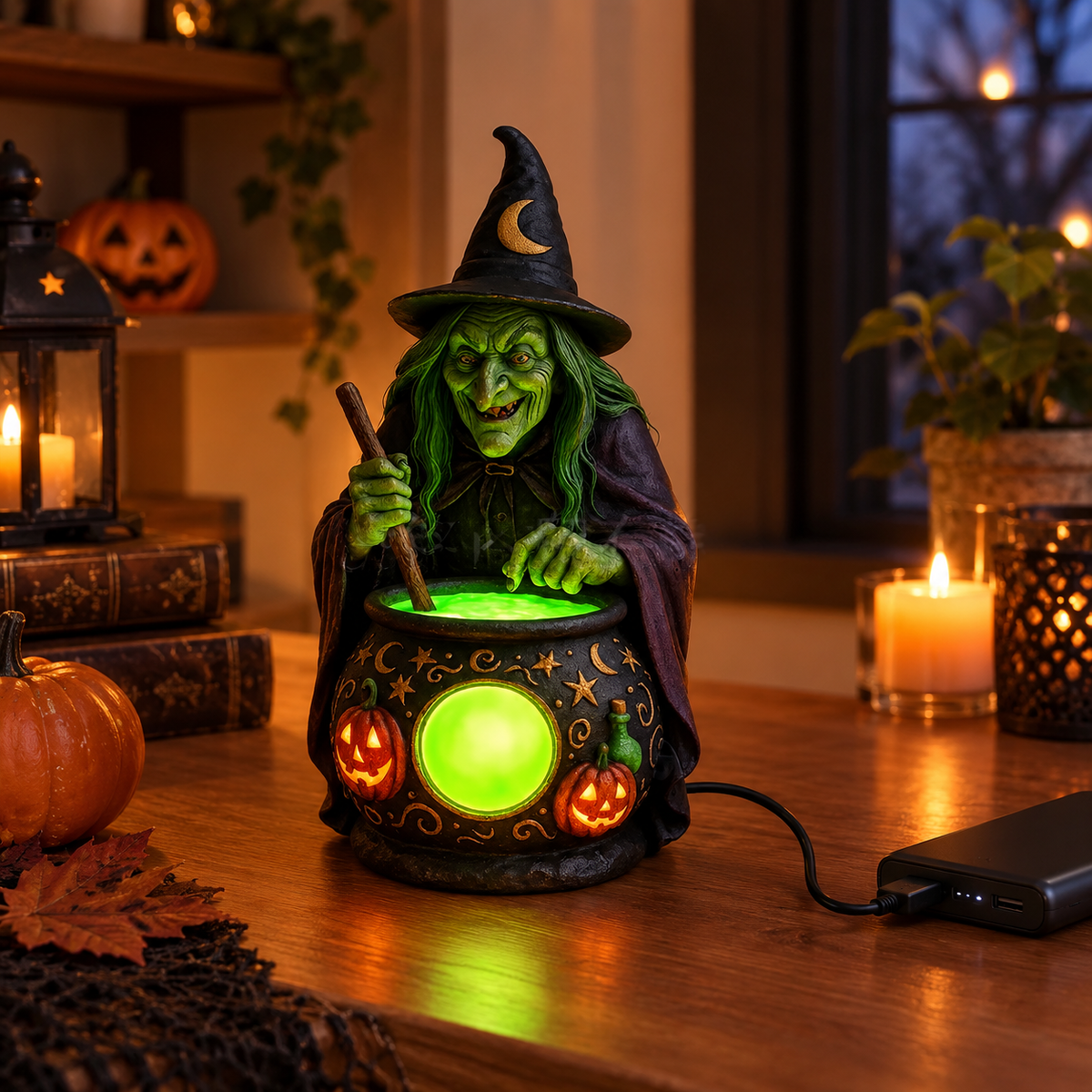 Lampe de Table Chaudron de Sorcière en Résine avec LED Vert Néon