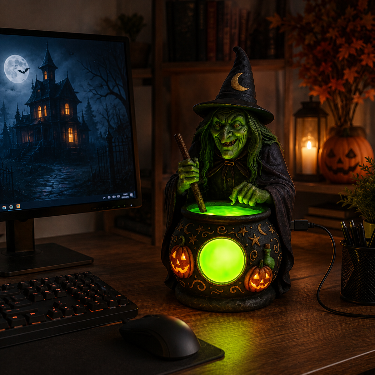 Lampe de Table Chaudron de Sorcière en Résine avec LED Vert Néon