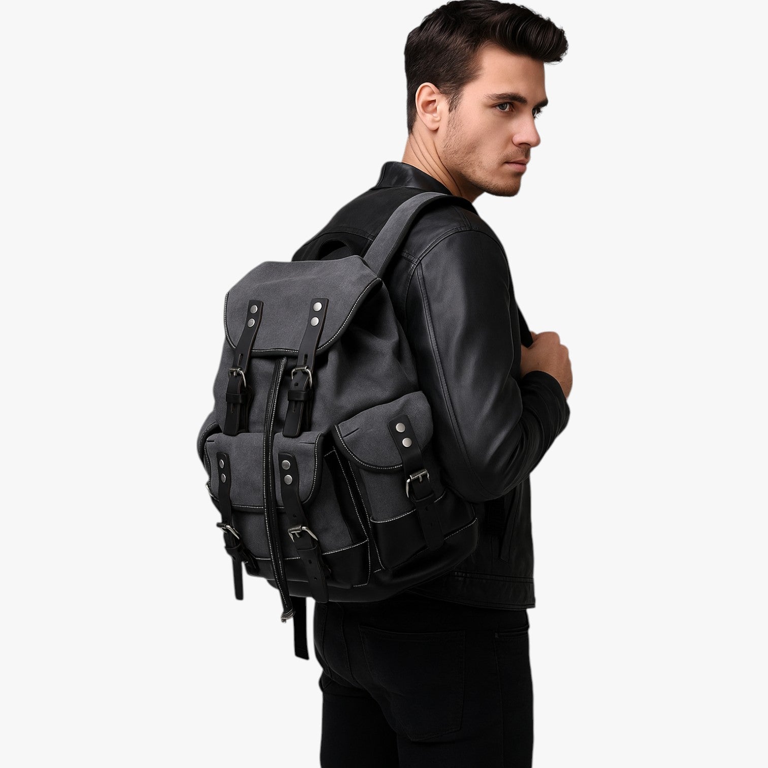 Sac à dos Randonnée Toile et Cuir Grande Capacité Homme