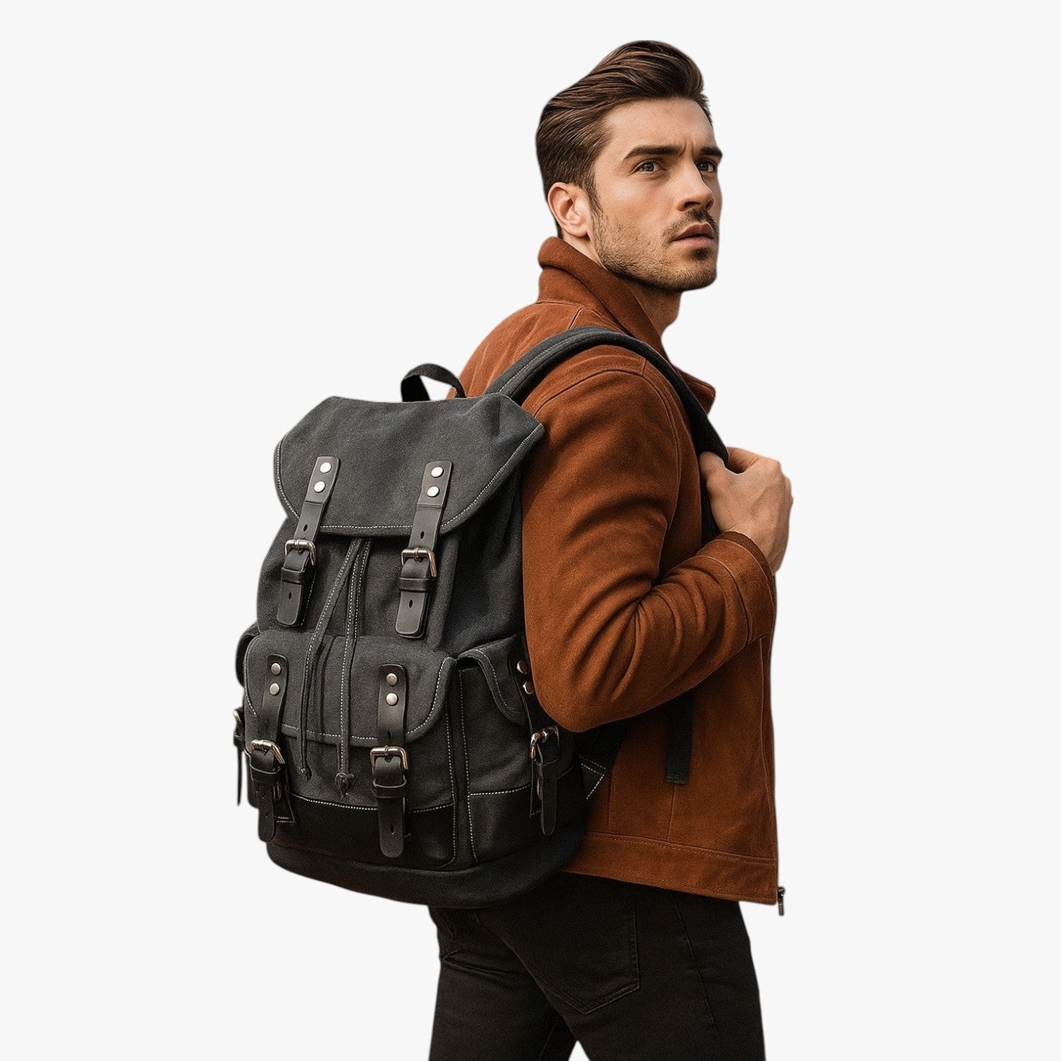 Sac à dos Randonnée Toile et Cuir Grande Capacité Homme