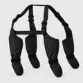 Black full-coverage dog boots with adjustable back harness