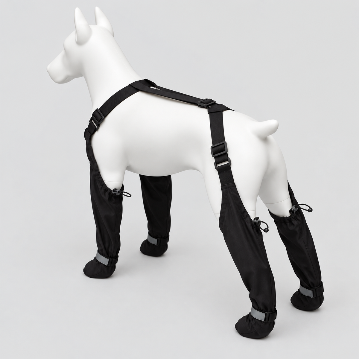 Bottes chien intégrales noires avec harnais dorsal ajustable