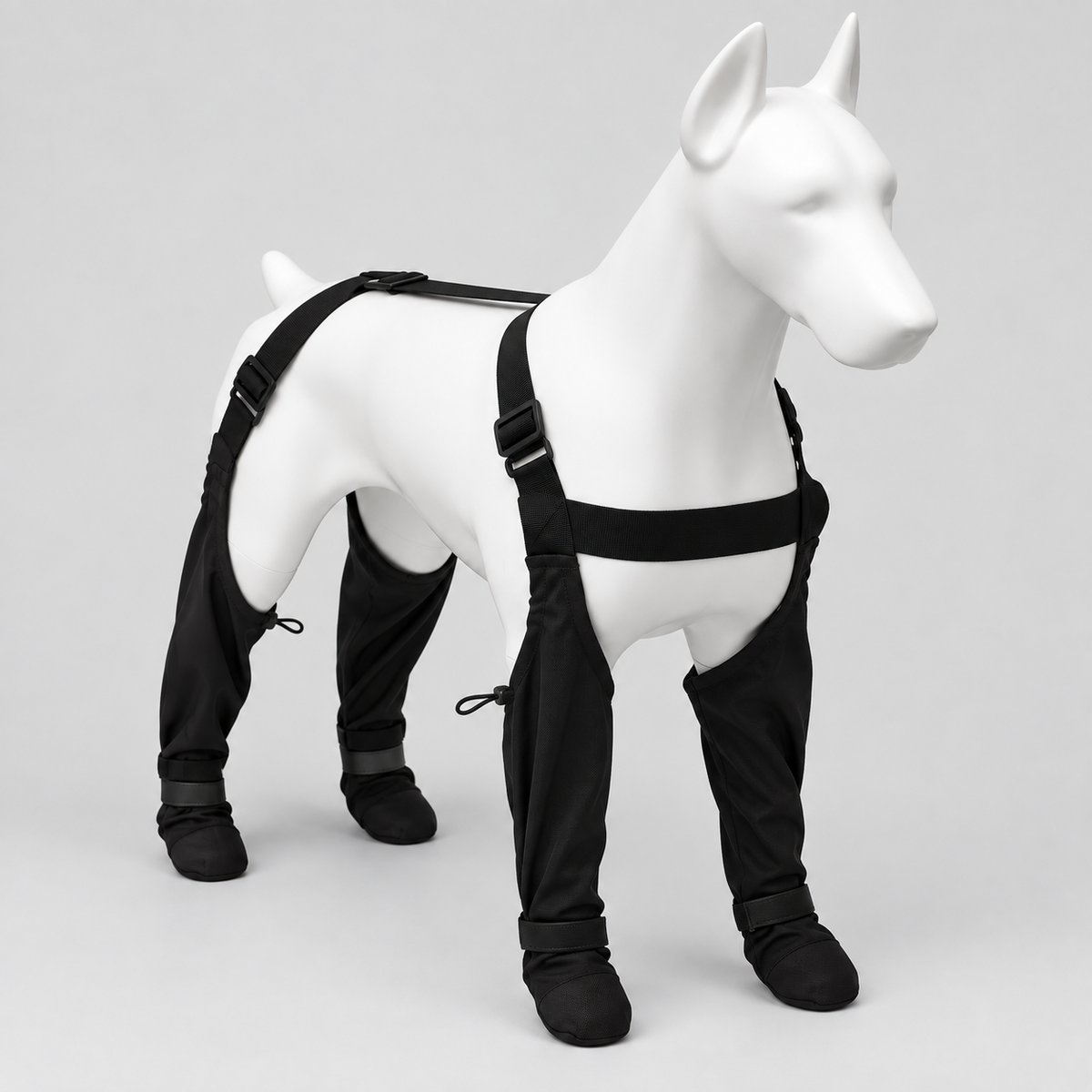 Bottes chien intégrales noires avec harnais dorsal ajustable