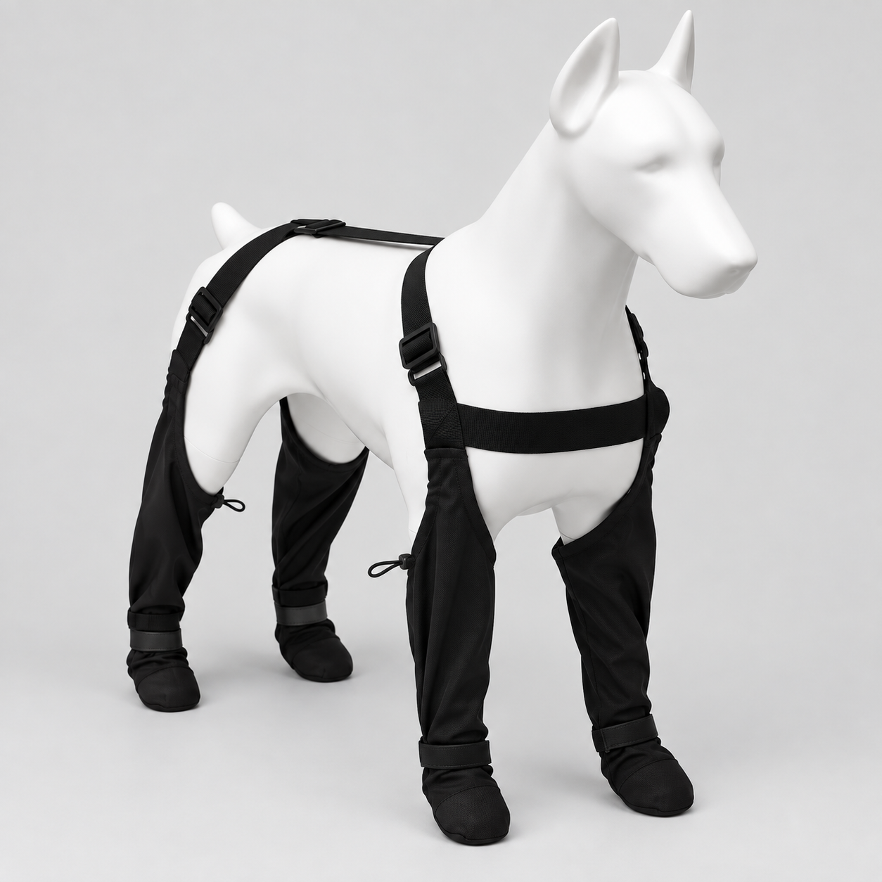 Bottes chien intégrales noires avec harnais dorsal ajustable