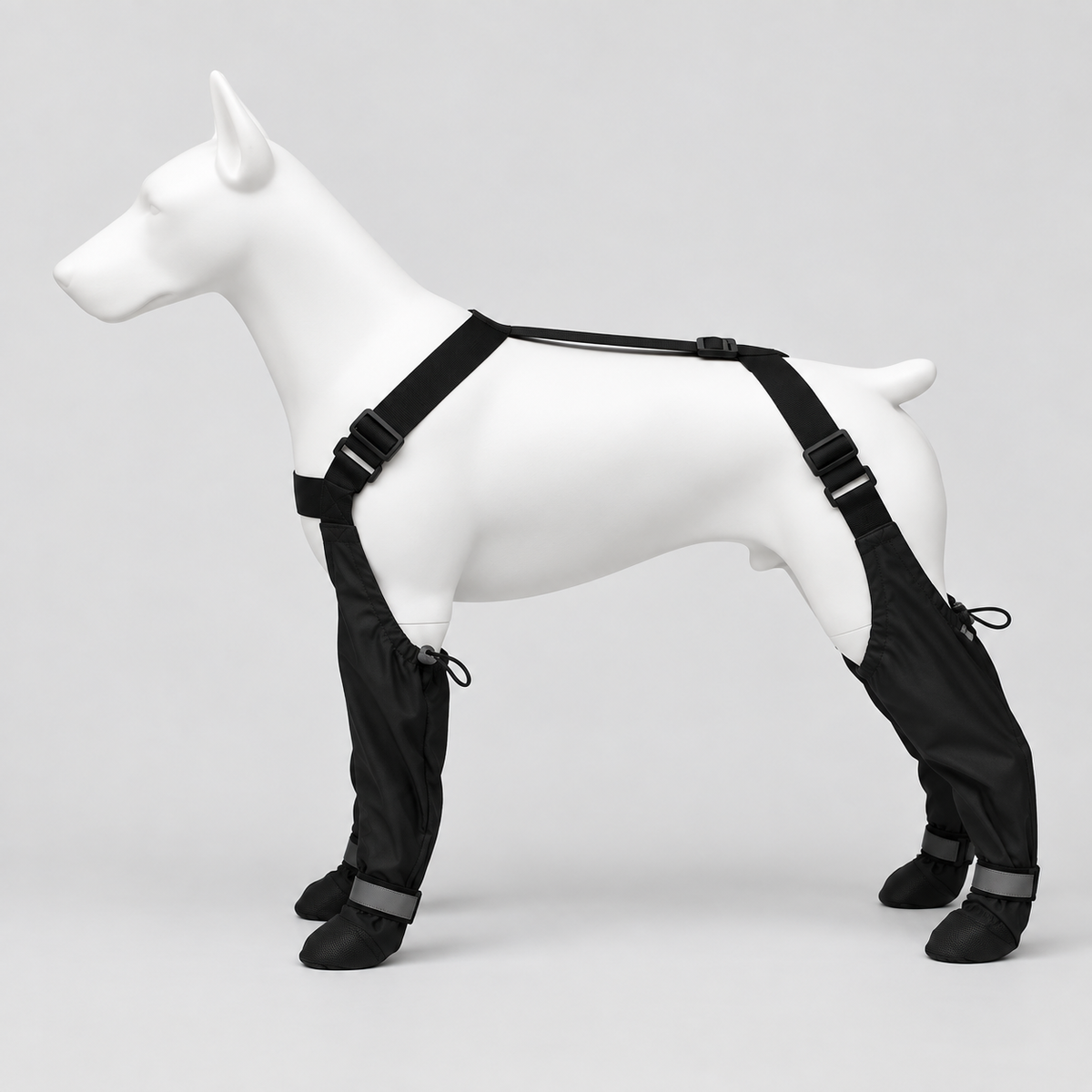 Bottes chien intégrales noires avec harnais dorsal ajustable
