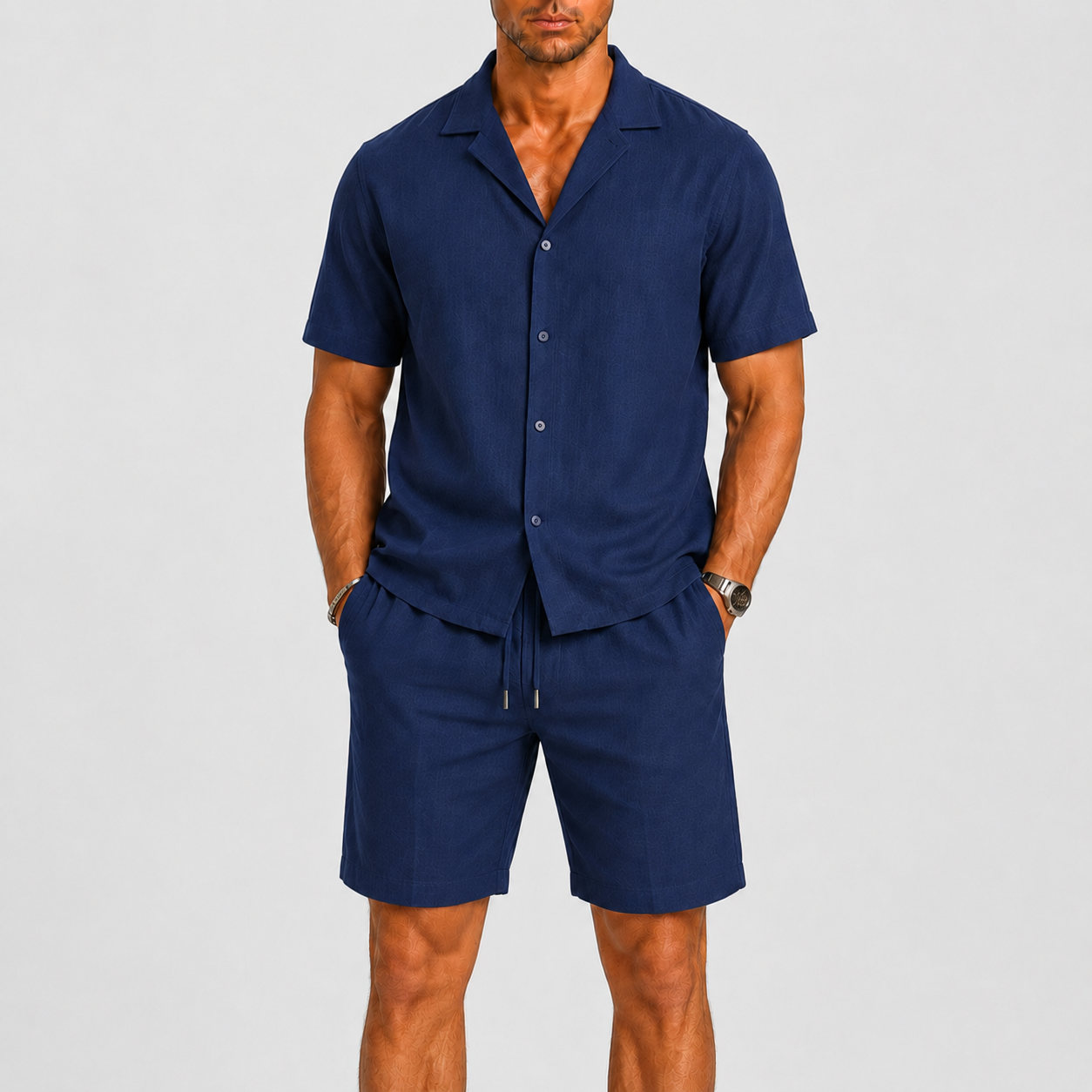 Sets : Ensemble en Lin pour Homme Élégance Estivale Décontractée dans bleu marine de Marche Lino