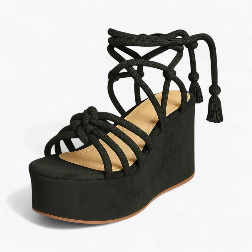 Sandales à Lacets Femme en Cuir Noir - Confortables et Élégantes