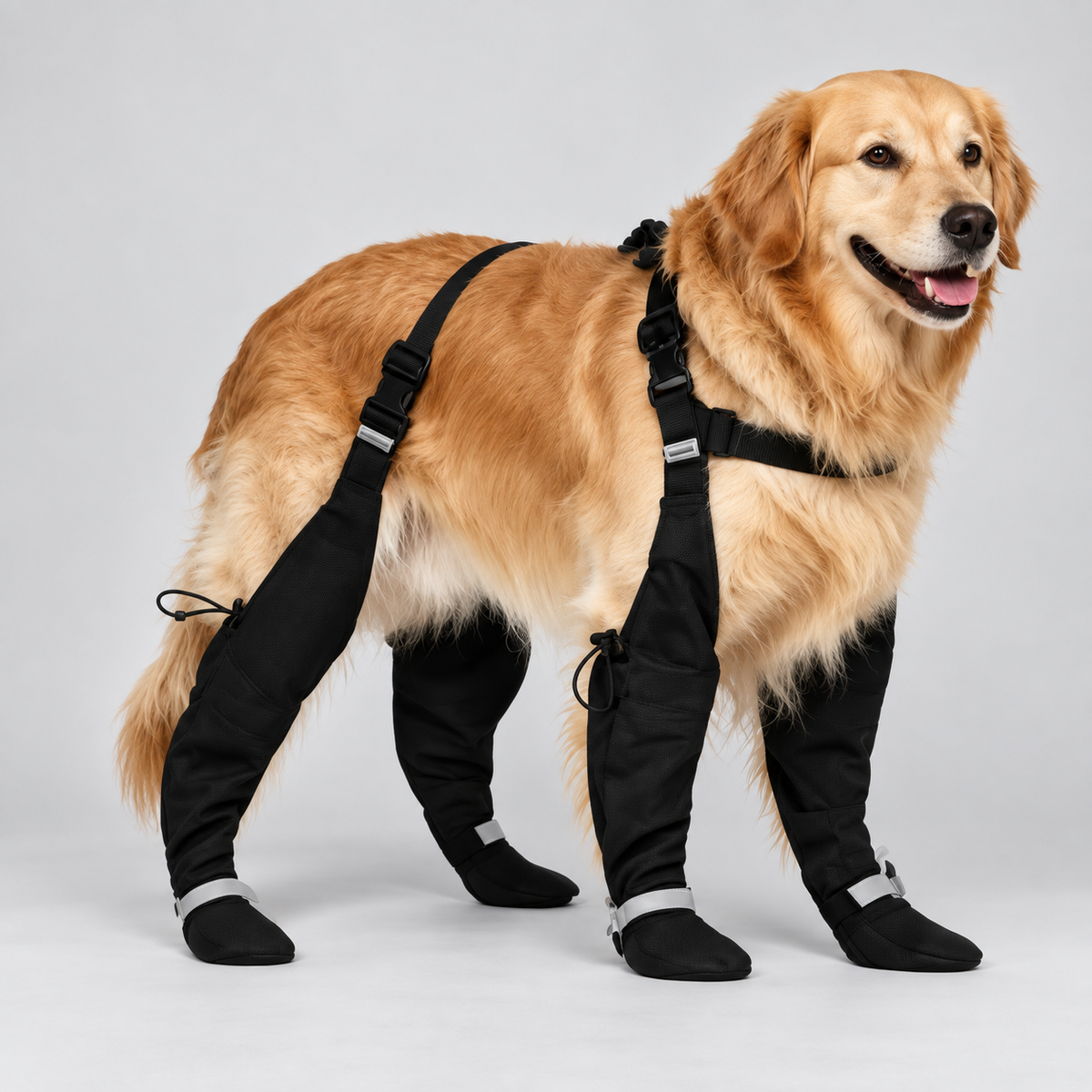Bottes chien intégrales noires avec harnais dorsal ajustable