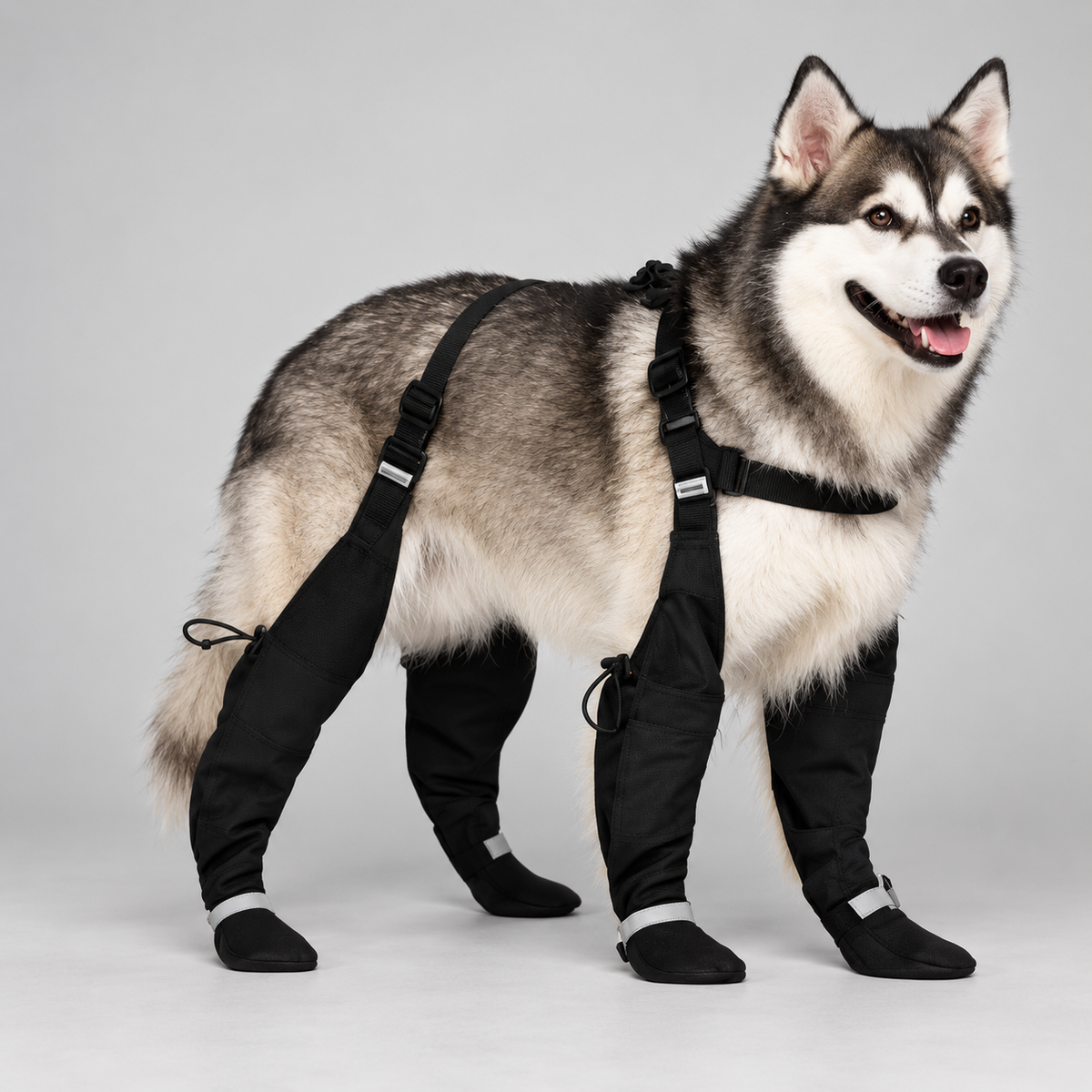 Bottes chien intégrales noires avec harnais dorsal ajustable