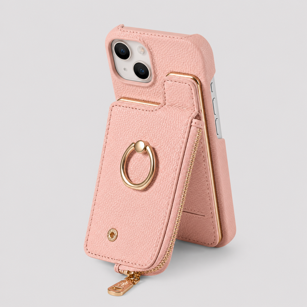 Phone Case : Coque Portefeuille pour iPhone avec Porte-Cartes et Anneau Support dans Rose de Marche Lino