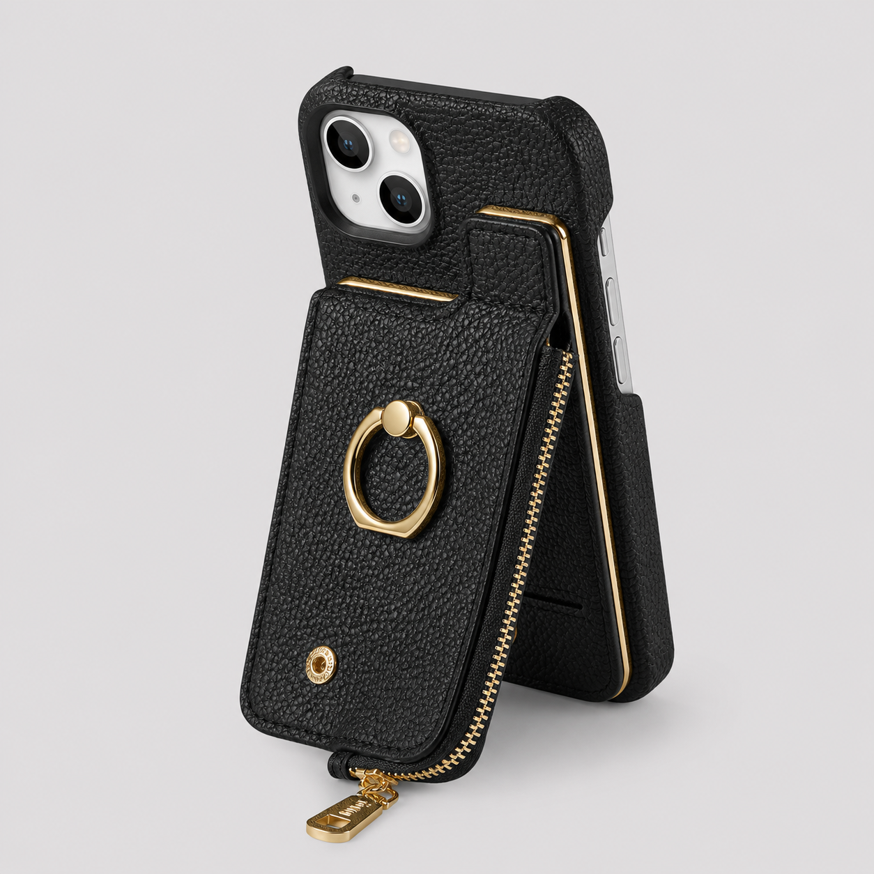 Phone Case : Coque Portefeuille pour iPhone avec Porte-Cartes et Anneau Support dans Noir de Marche Lino