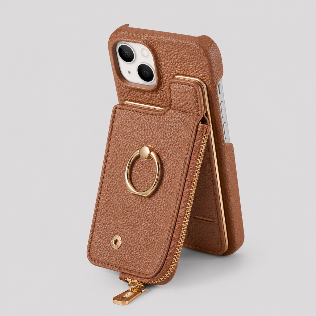 Phone Case : Coque Portefeuille pour iPhone avec Porte-Cartes et Anneau Support dans Brun de Marche Lino