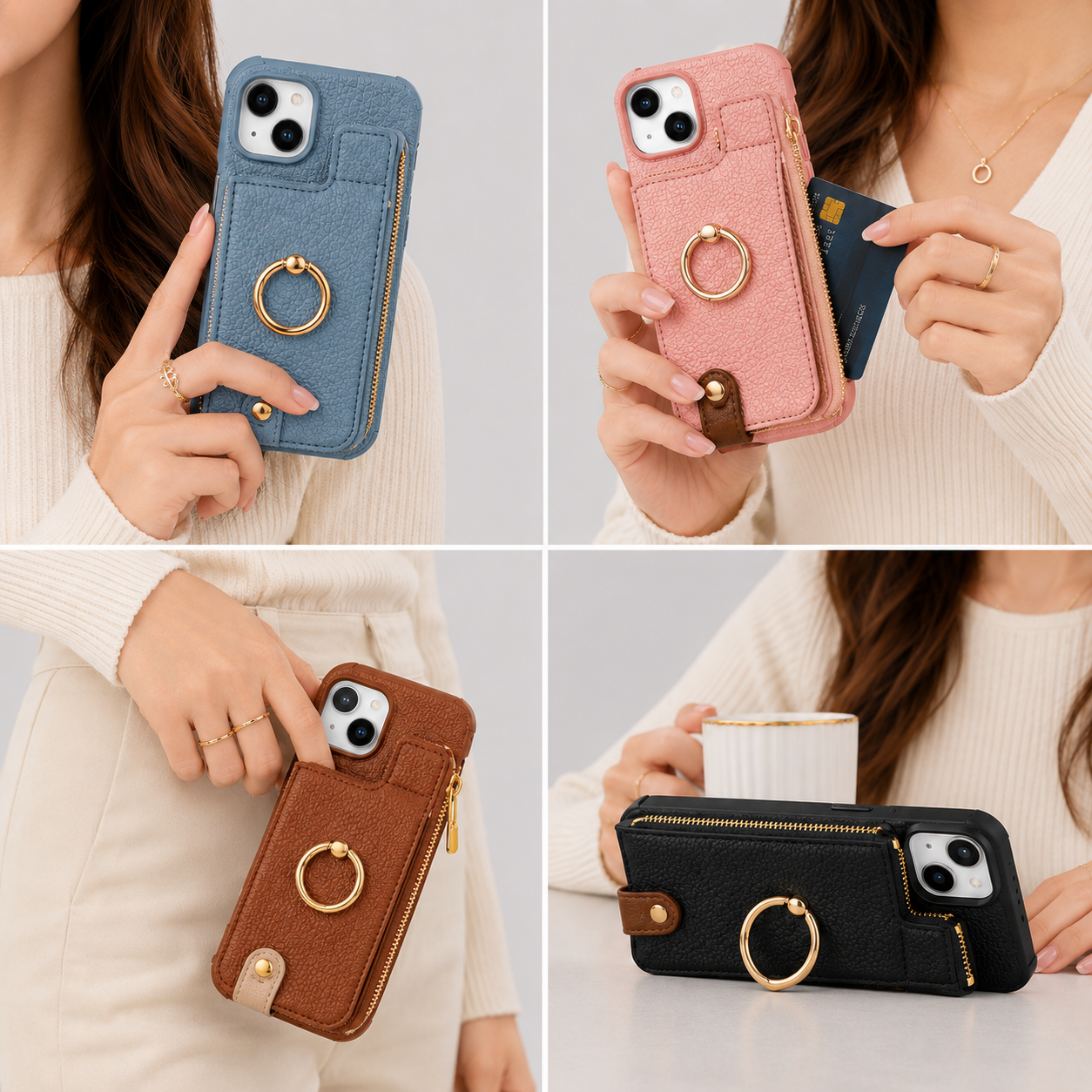 Phone Case : Coque Portefeuille pour iPhone avec Porte-Cartes et Anneau Support dans de Marche Lino