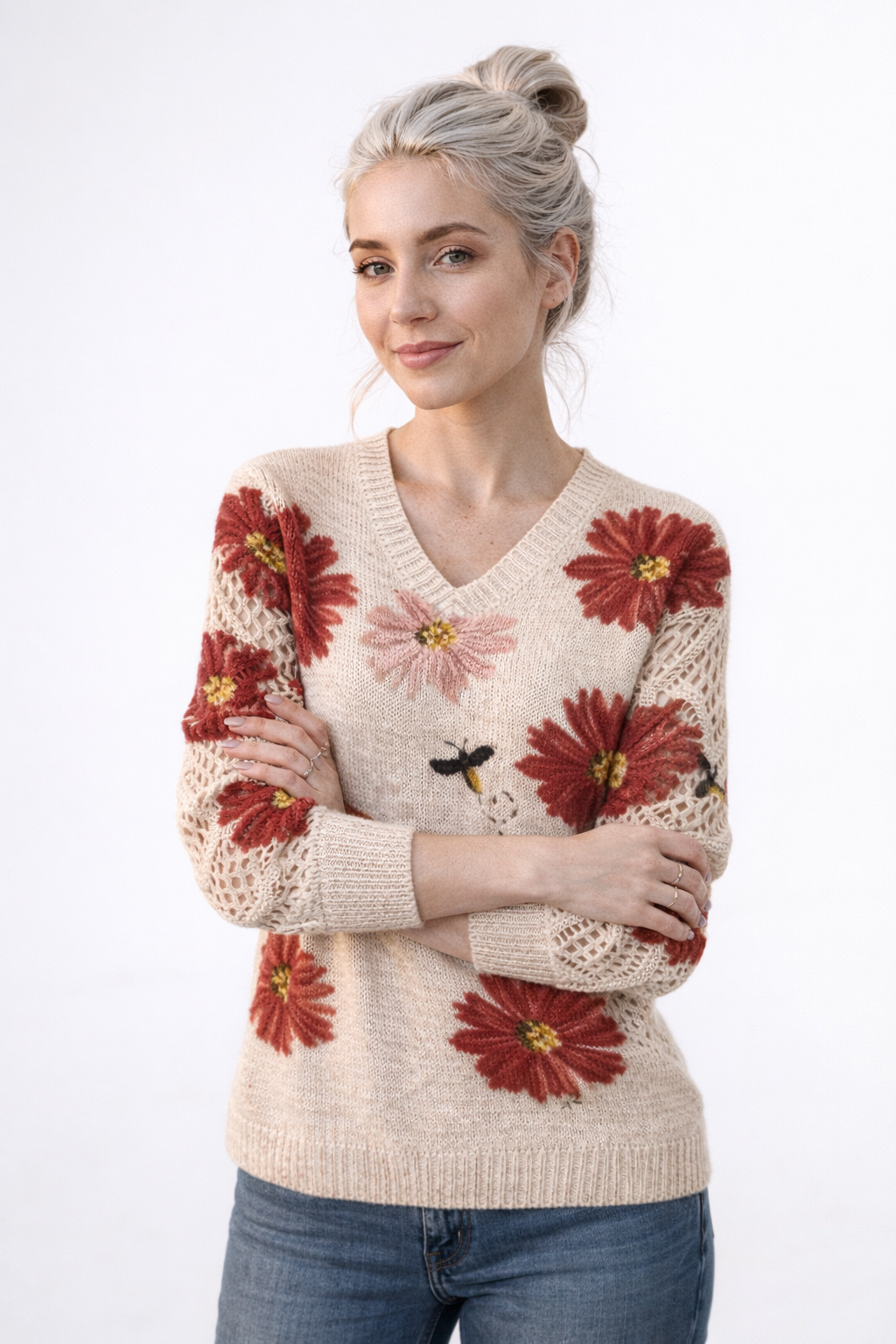 Pull Femme Floral à Col en V Manches Longues Mode Florale