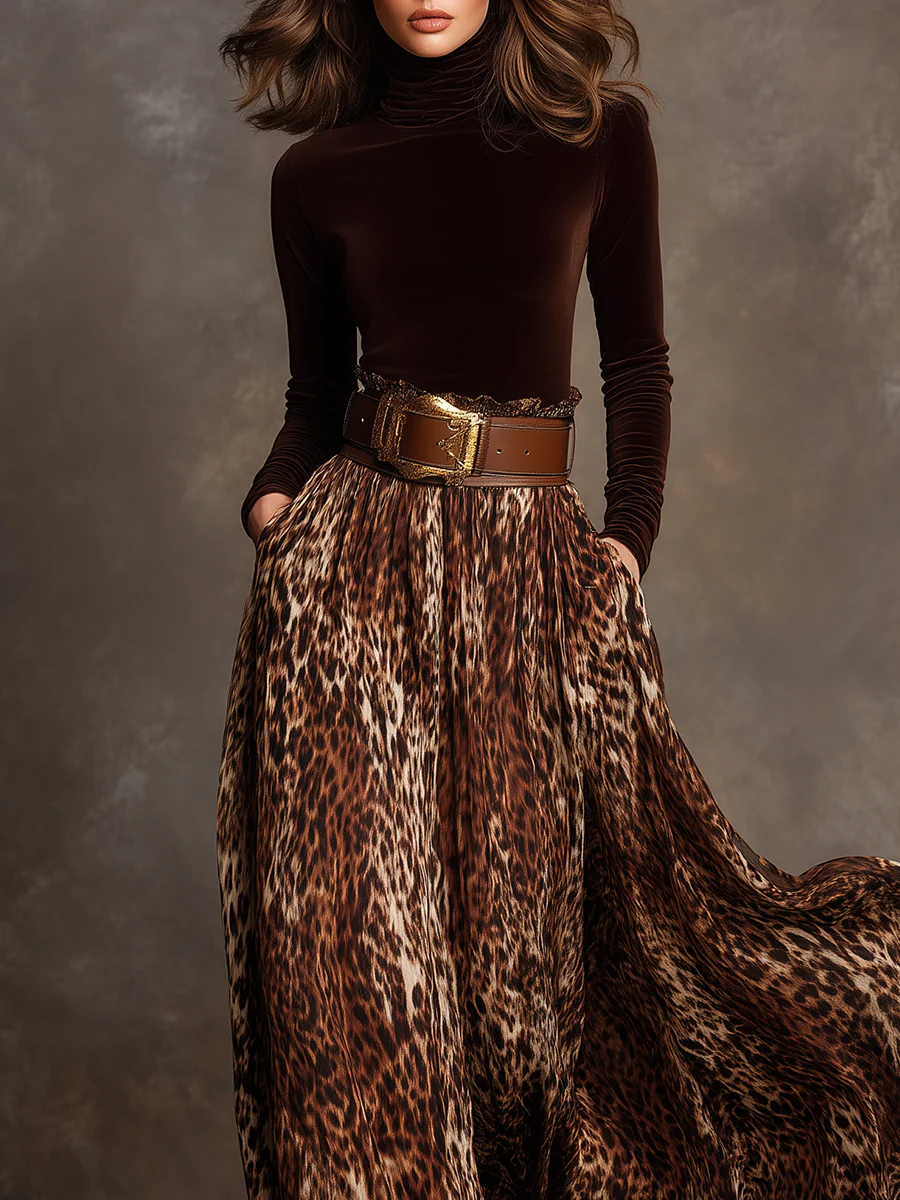 Ensemble Femme Col Roulé et Jupe Léopard 1