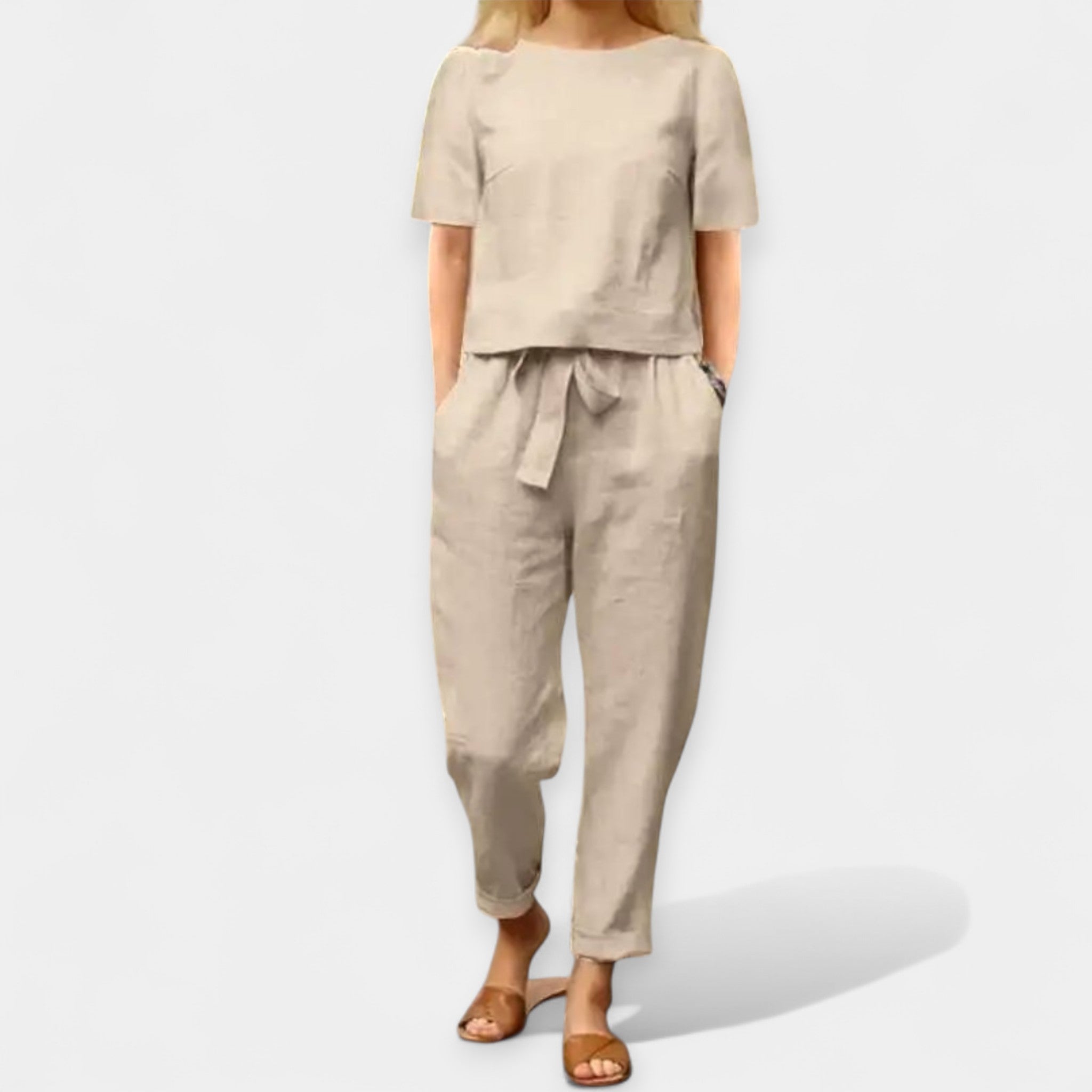 Ensembles pour femmes : Ensemble Femme Bicolore Pantalon Large Chemiseur Léger dans Beige S de Marche Lino