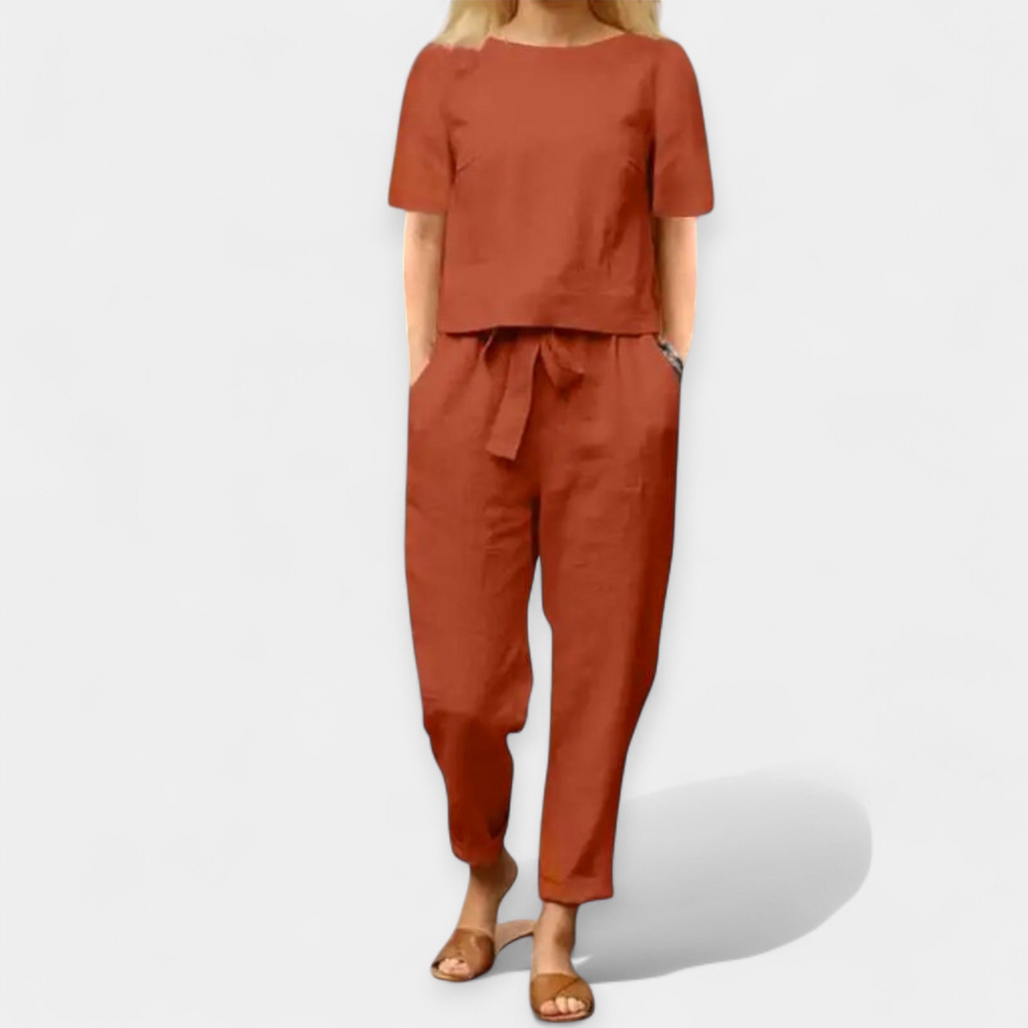 Ensembles pour femmes : Ensemble Femme Bicolore Pantalon Large Chemiseur Léger dans de Marche Lino