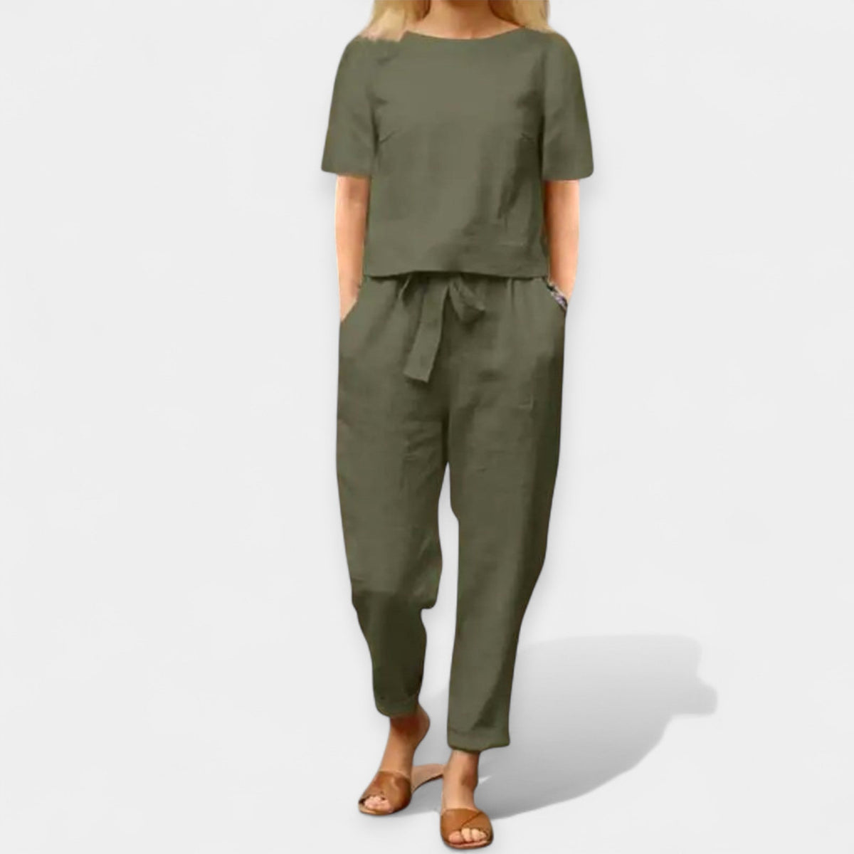 Ensembles pour femmes : Ensemble Femme Bicolore Pantalon Large Chemiseur Léger dans de Marche Lino