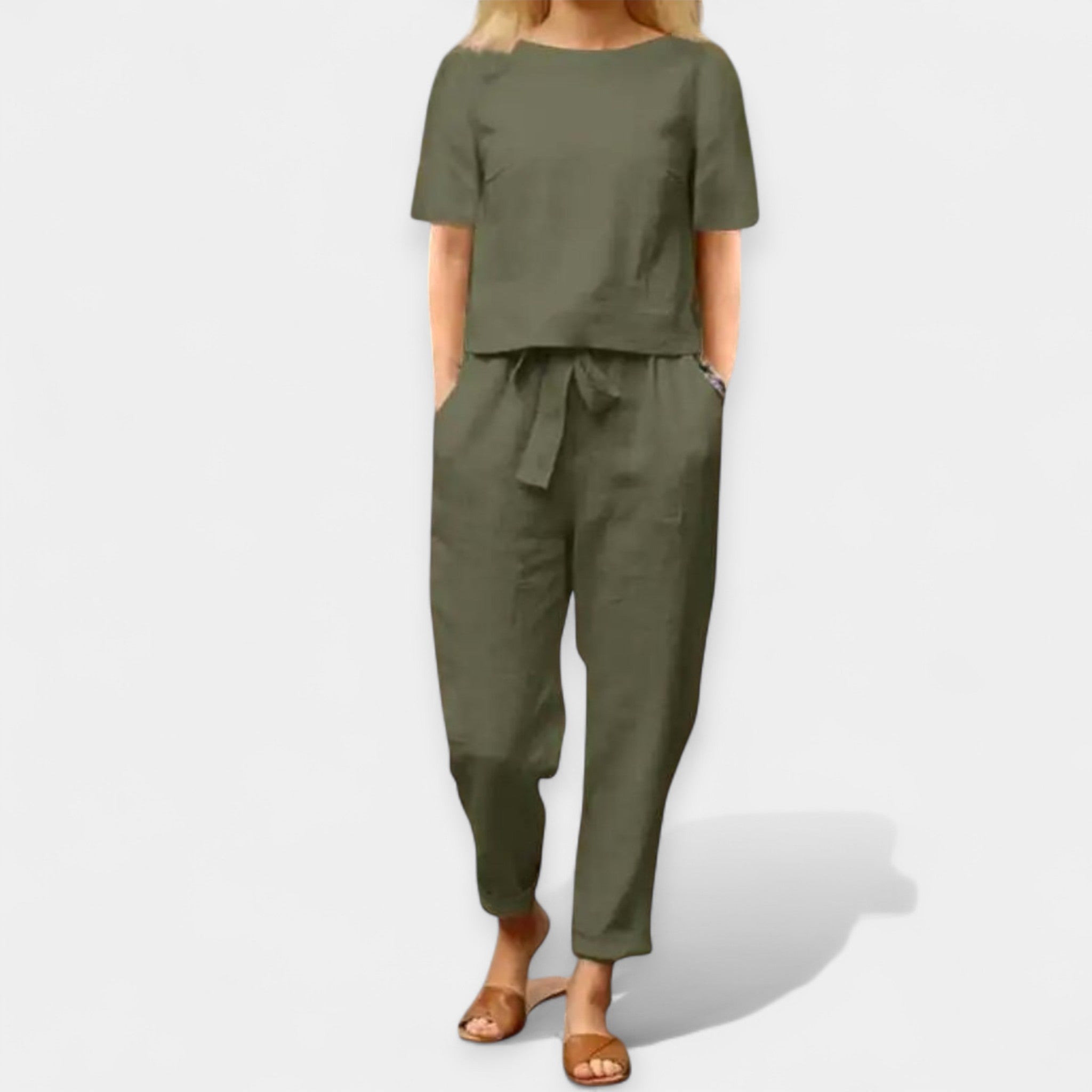 Ensembles pour femmes : Ensemble Femme Bicolore Pantalon Large Chemiseur Léger dans de Marche Lino