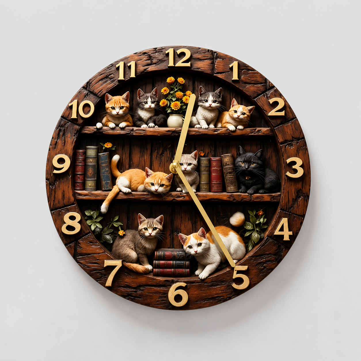 Horloge Murale Ronde en Bois Motif Chats Vintage 25 cm Silencieuse