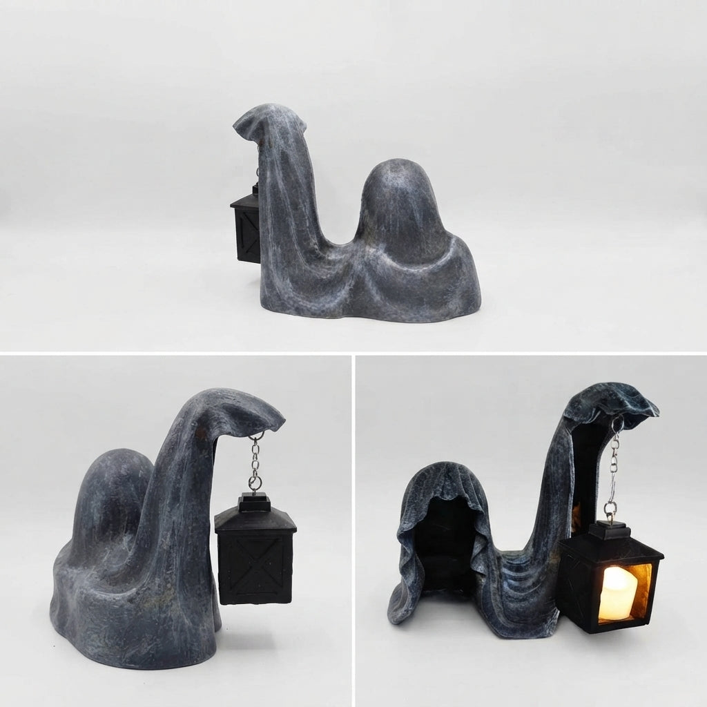 Figure de Fantôme avec Lanterne - Décoration d'Halloween Lumineuse Grise