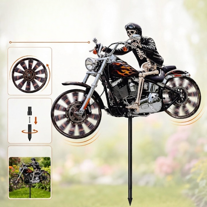 Éolienne de Jardin Motard Crâne sur Moto