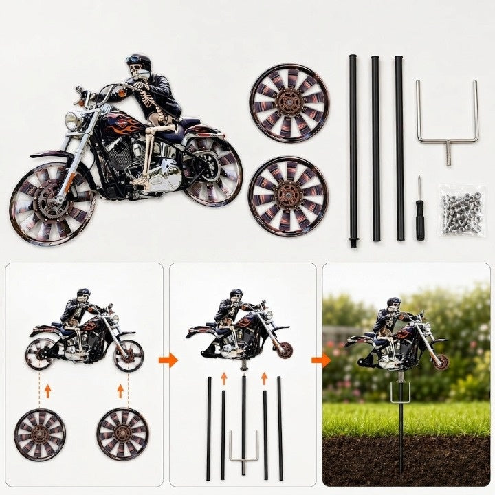Éolienne de Jardin Motard Crâne sur Moto