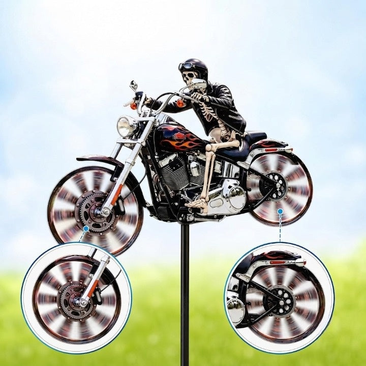 Éolienne de Jardin Motard Crâne sur Moto