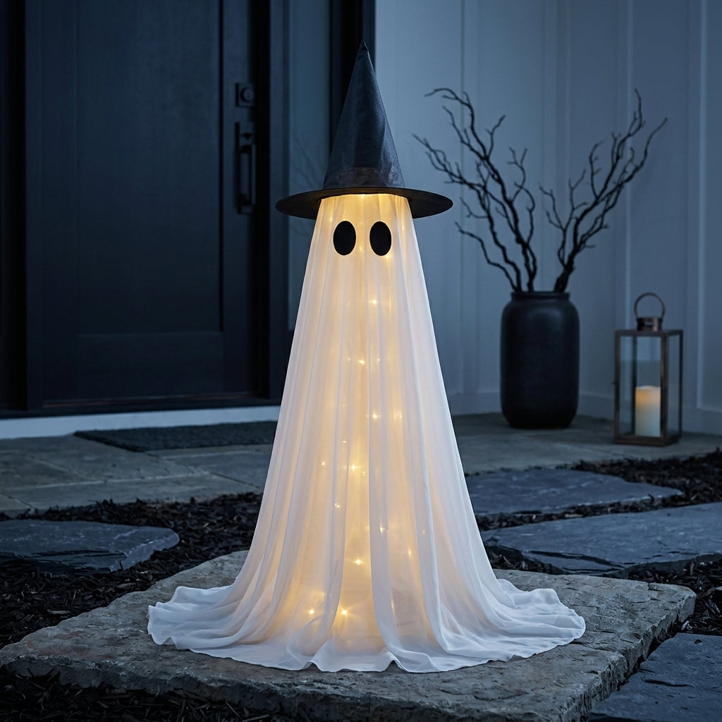 Fantôme Lumineux avec Chapeau de Sorcière - Décoration d'Halloween LED