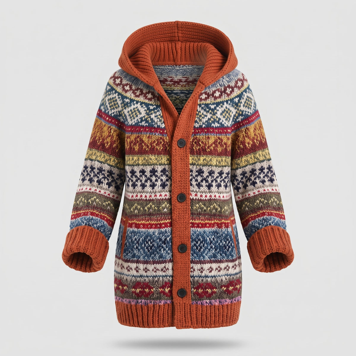 Cardigan en Tricot à Capuche avec Motif Fair Isle pour Femme