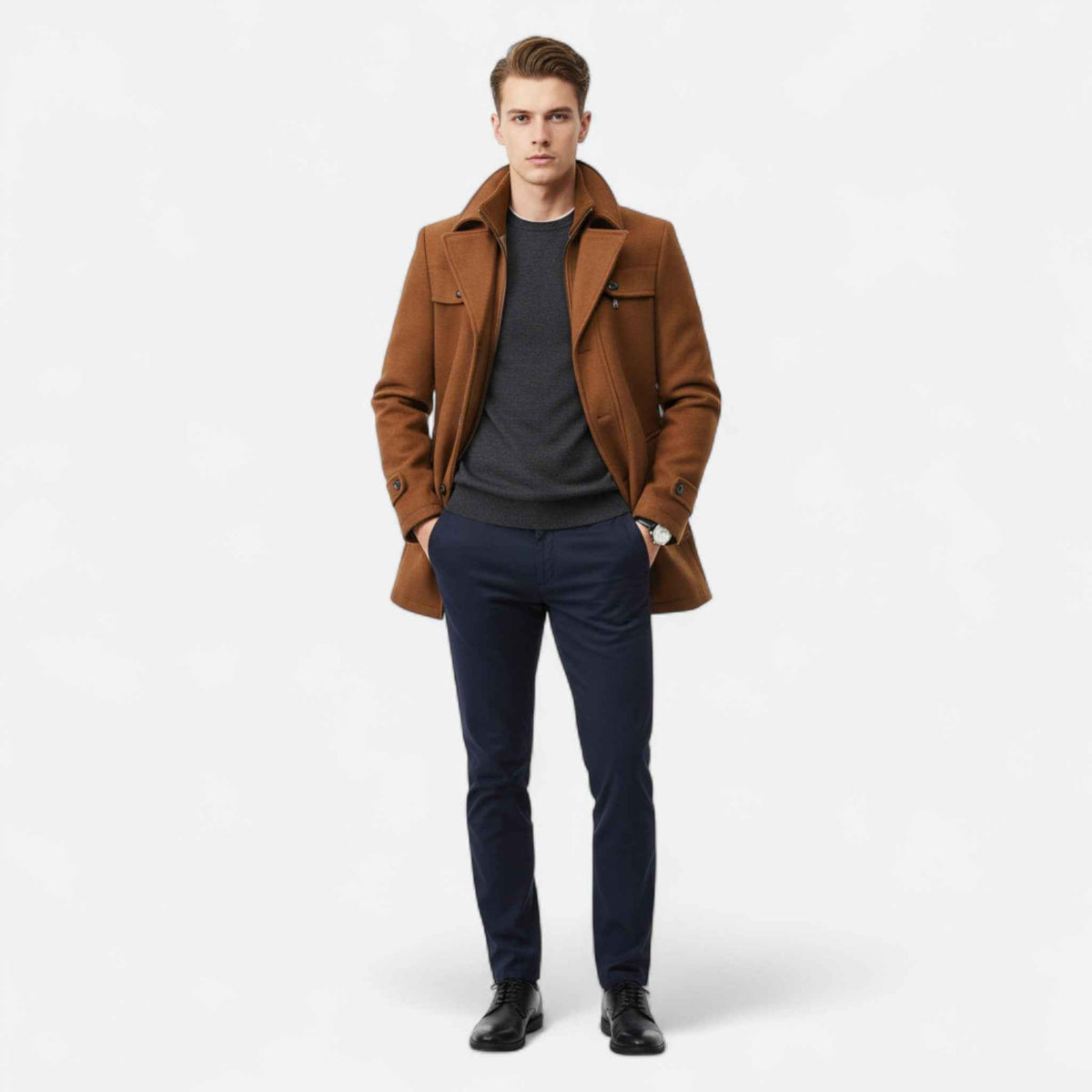 Men > Coats : Manteau Trench Homme en Laine - Double Col Zippé dans de Ancienne Monde