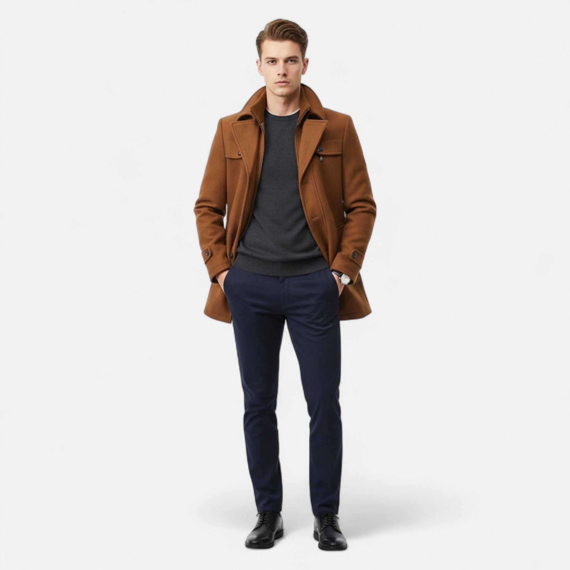 Manteau Trench Homme en Laine - Double Col Zippé