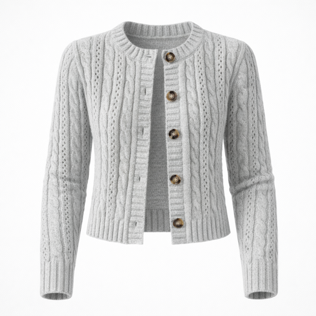 Cardigan : Cardigan Femme Maille Câblée Boutons Bois Manches Longues Coupe Courte dans gris de Marche Lino
