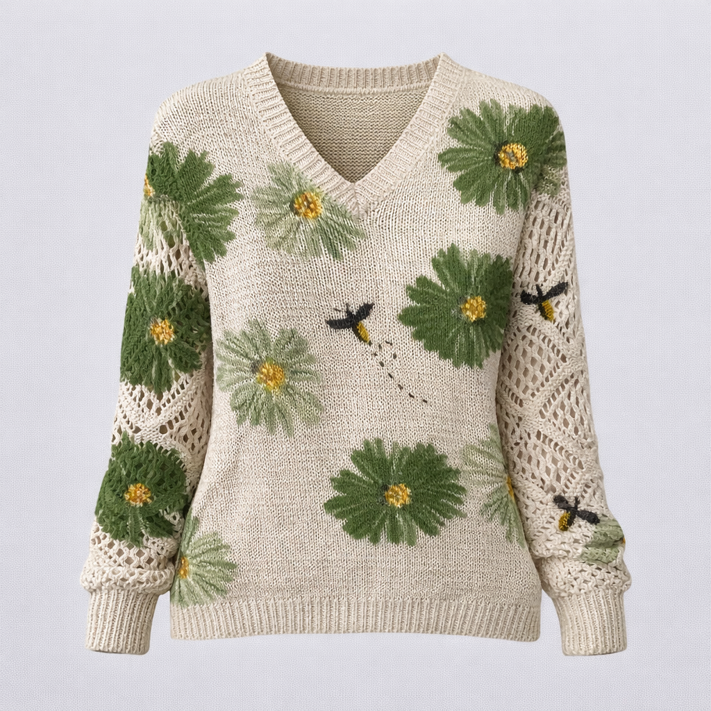 Pull Femme Floral à Col en V Manches Longues Mode Florale
