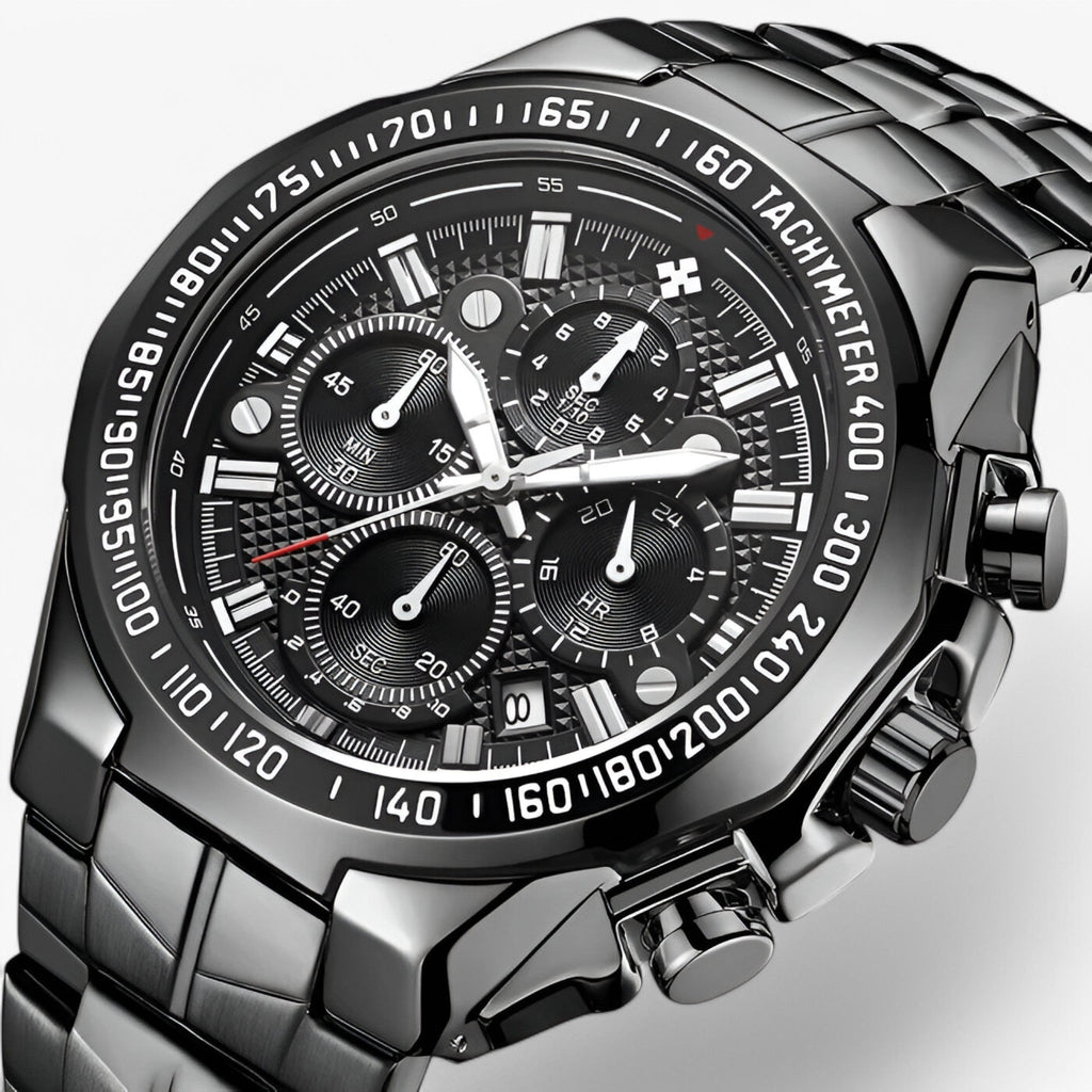 Montre de sport de luxe pour homme en acier noir, élégant chronographe étanche