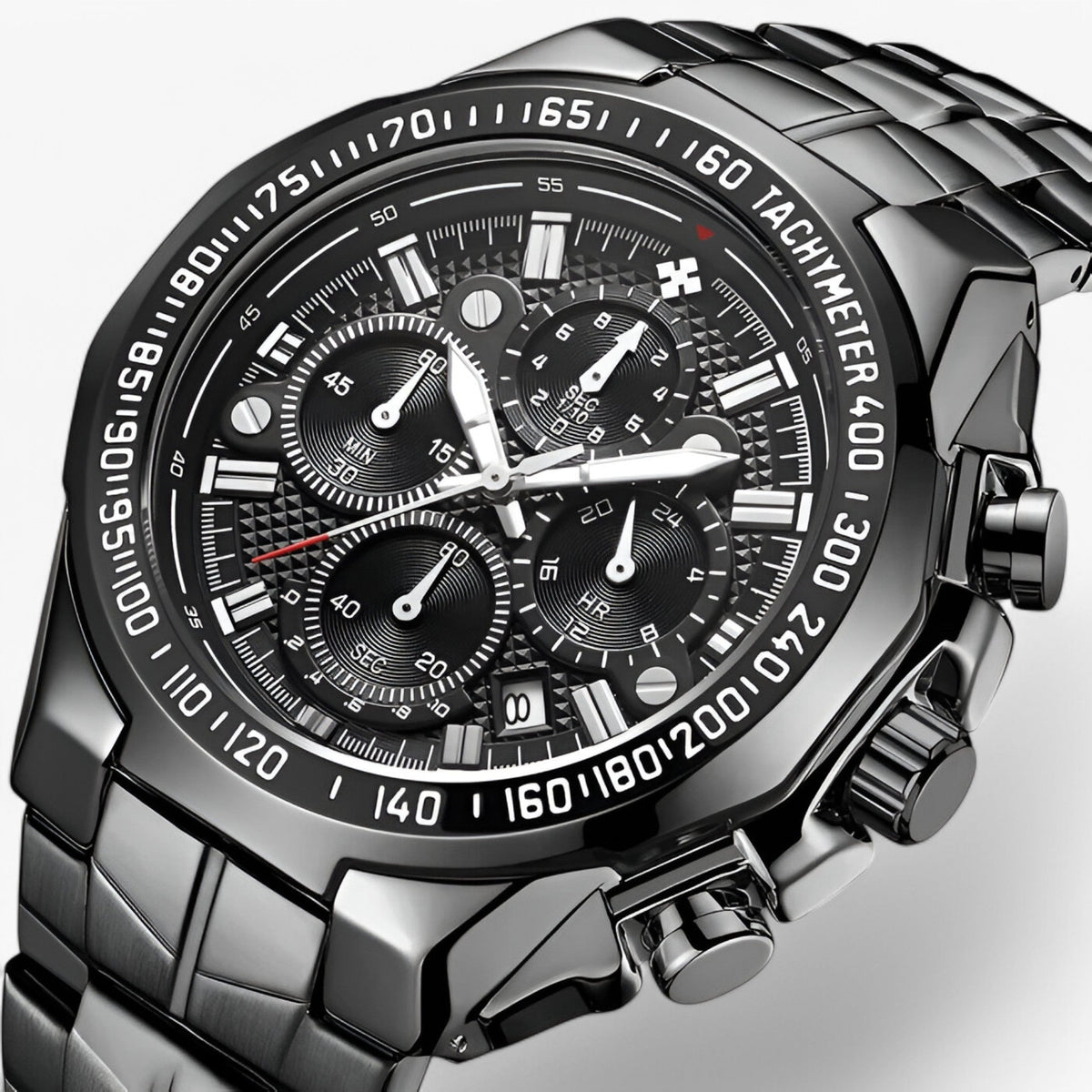 Watches : Montre de sport de luxe pour homme en acier noir, élégant chronographe étanche dans complètement noir de Marche Lino