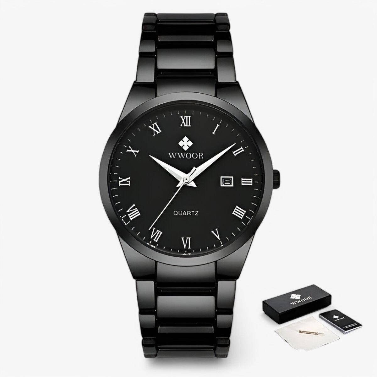 Watches : Montre Acier Quartz Homme Élégant dans Noir noir avec boîte de Marche Lino