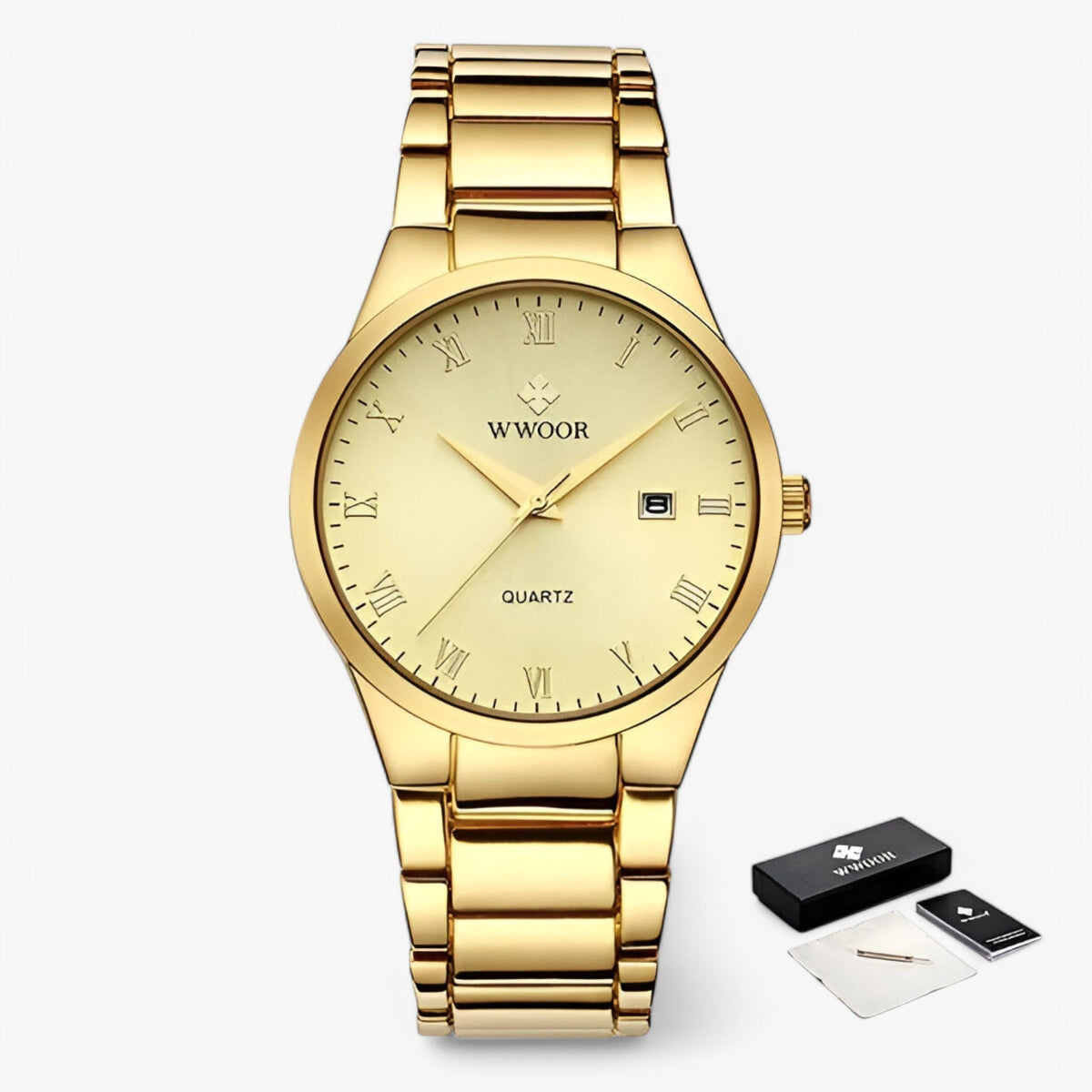 Watches : Montre Acier Quartz Homme Élégant dans Or doré avec boîte de Marche Lino