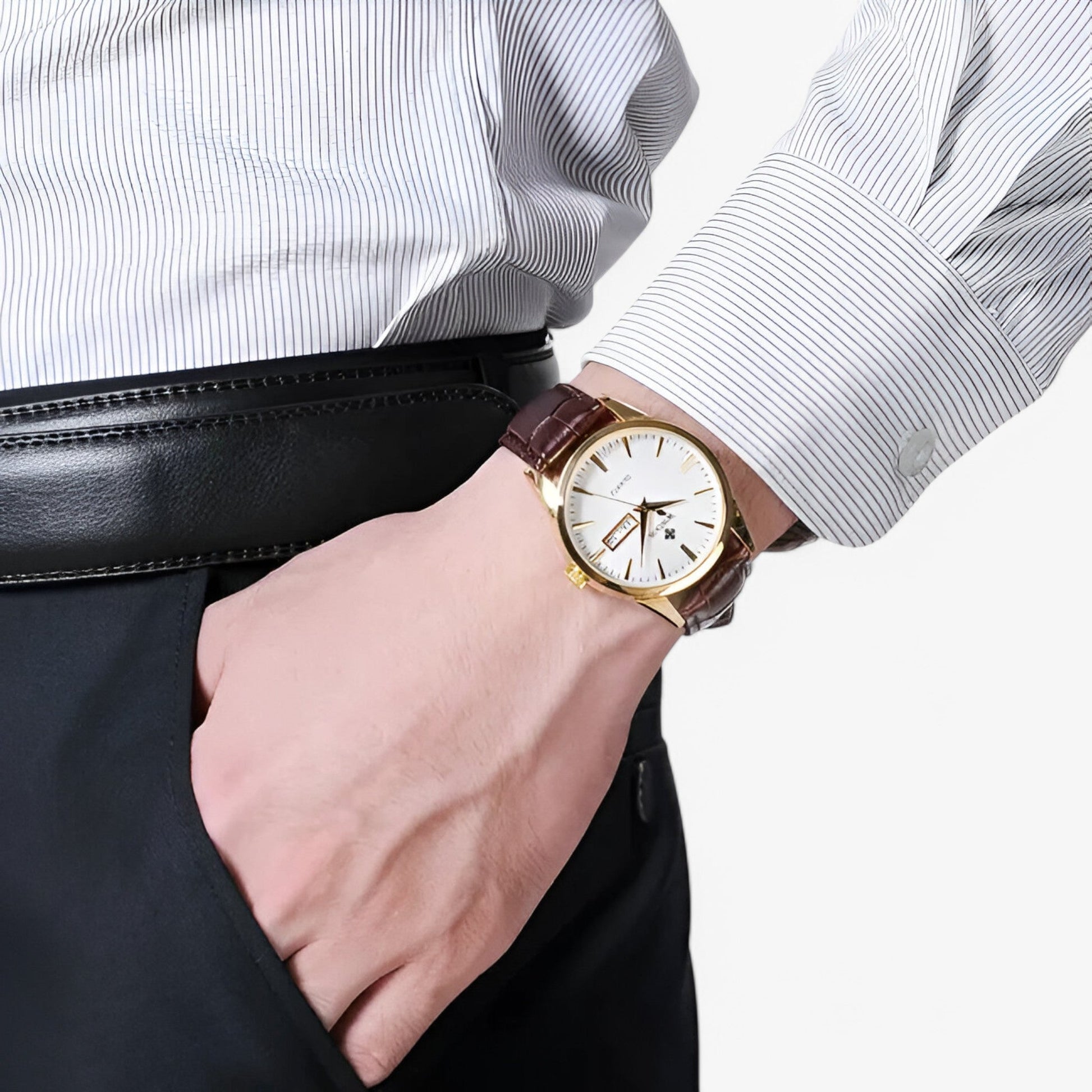 Montre Homme Classique Élégante avec Bracelet en Cuir Véritable Marron, Boîtier Fin