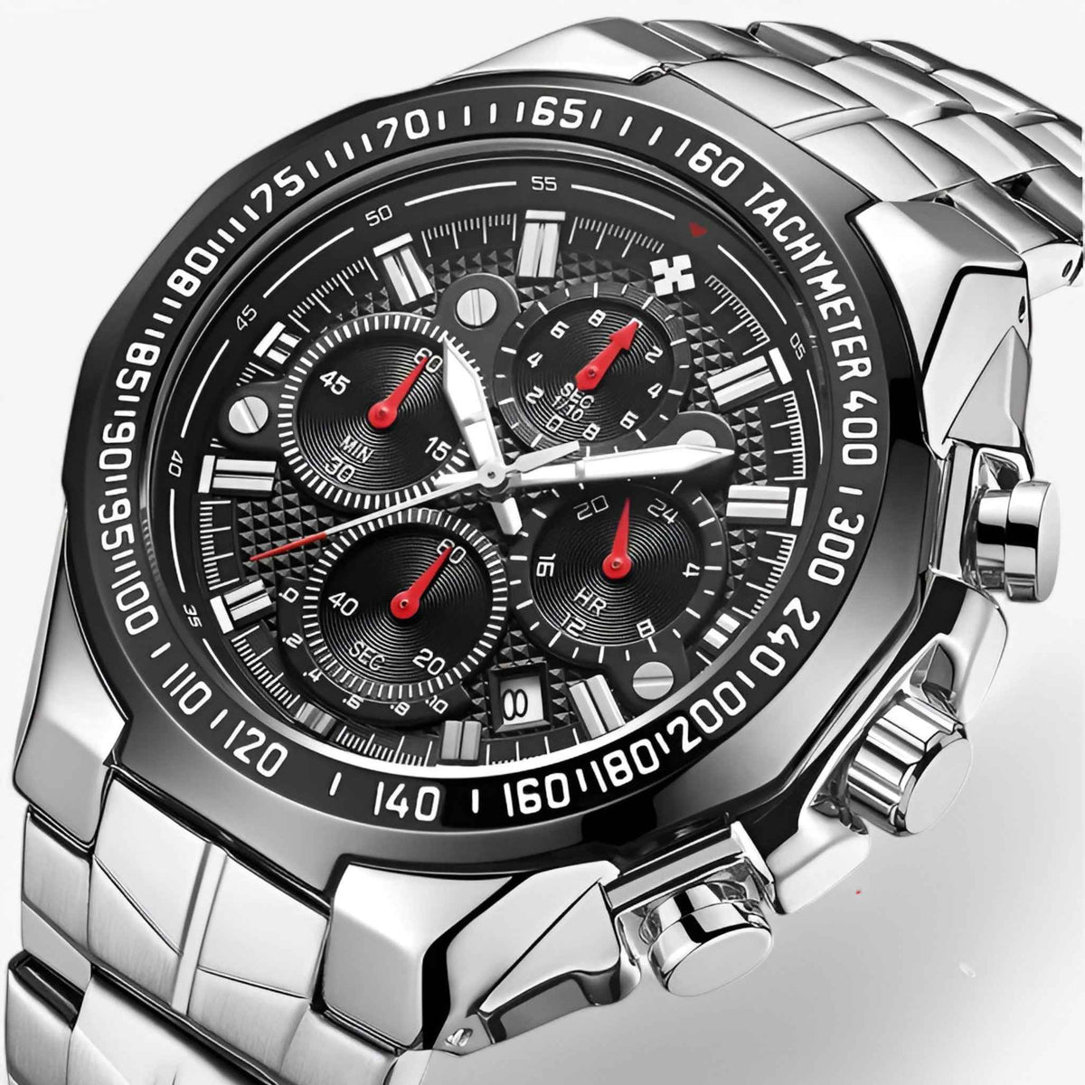 Watches : Montre de sport de luxe pour homme en acier noir, élégant chronographe étanche dans argent noir de Marche Lino