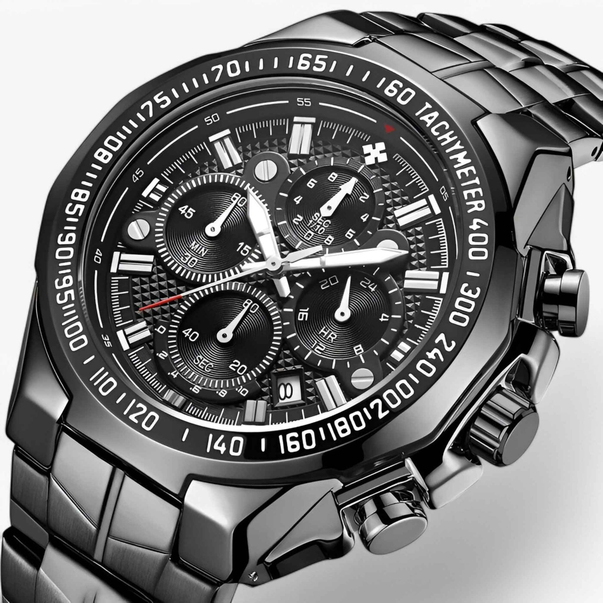 Montre de sport de luxe pour homme en acier noir, élégant chronographe étanche