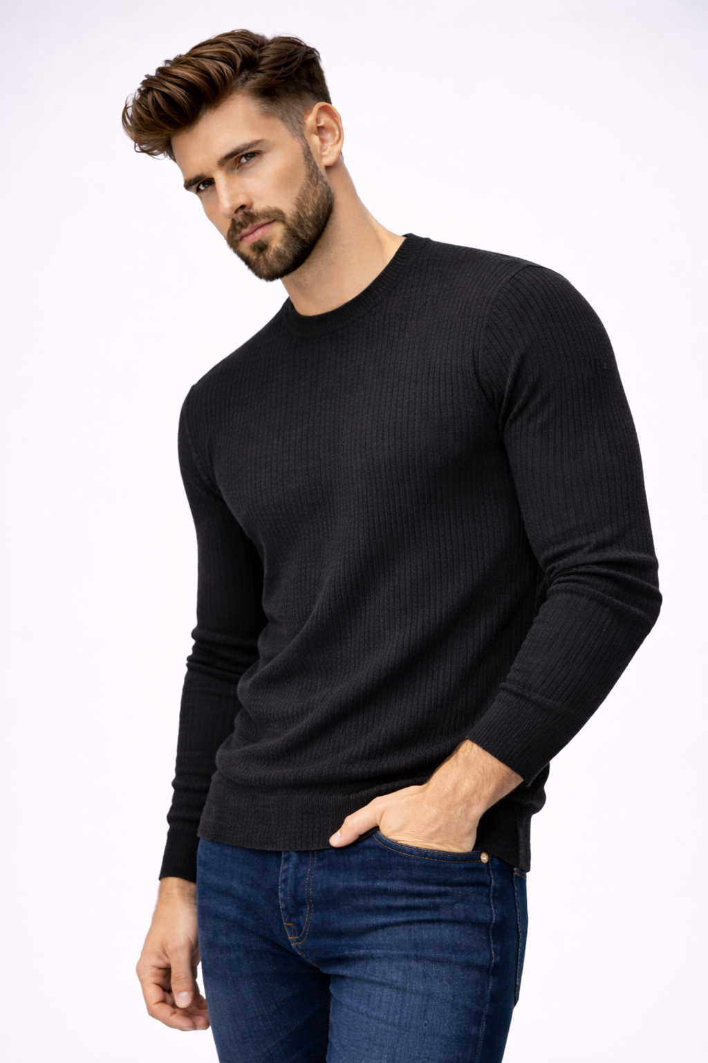 Herre strikket slim fit trøje med rib - komfortabel herremode