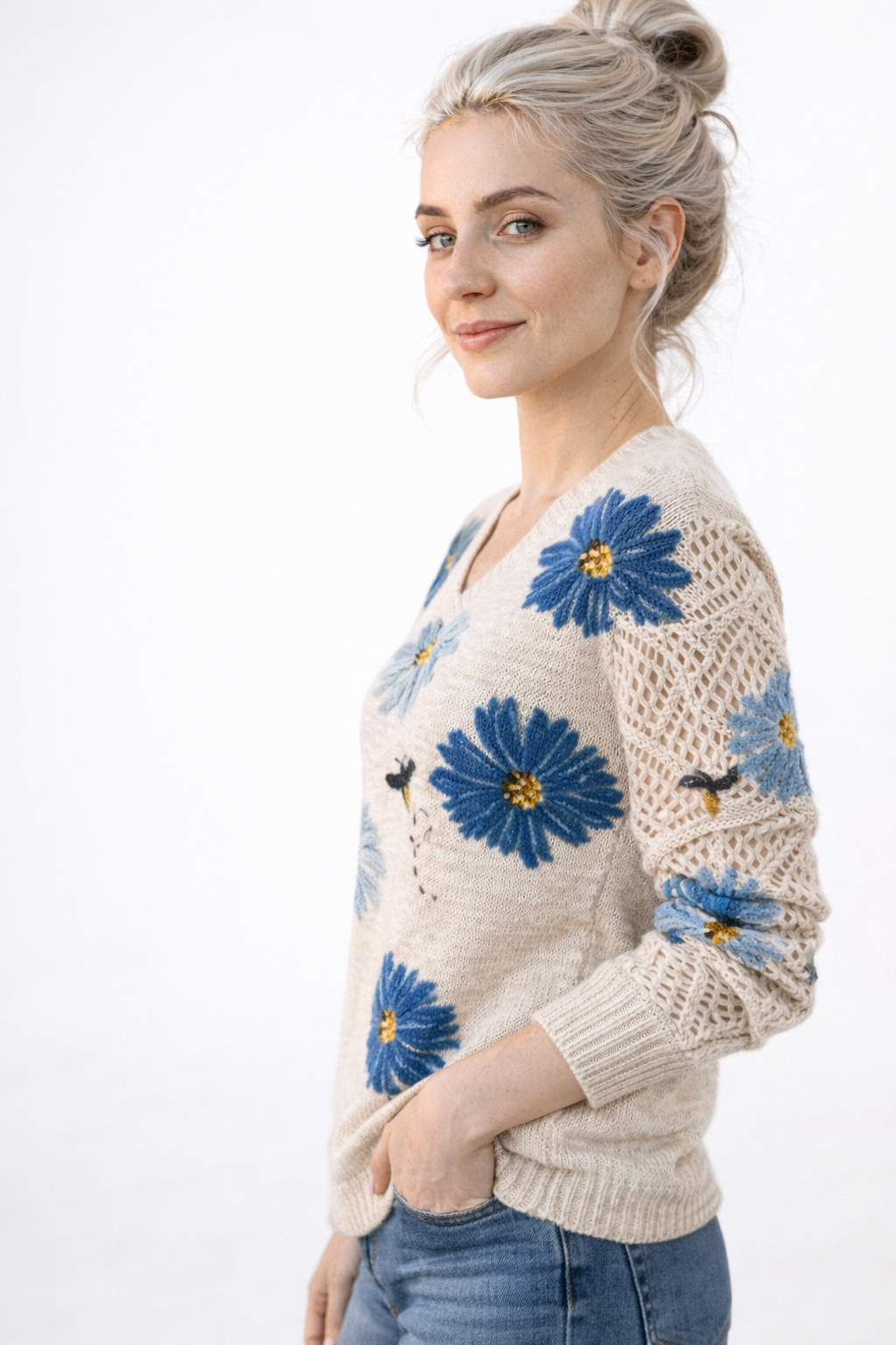 Pull Femme Floral à Col en V Manches Longues Mode Florale
