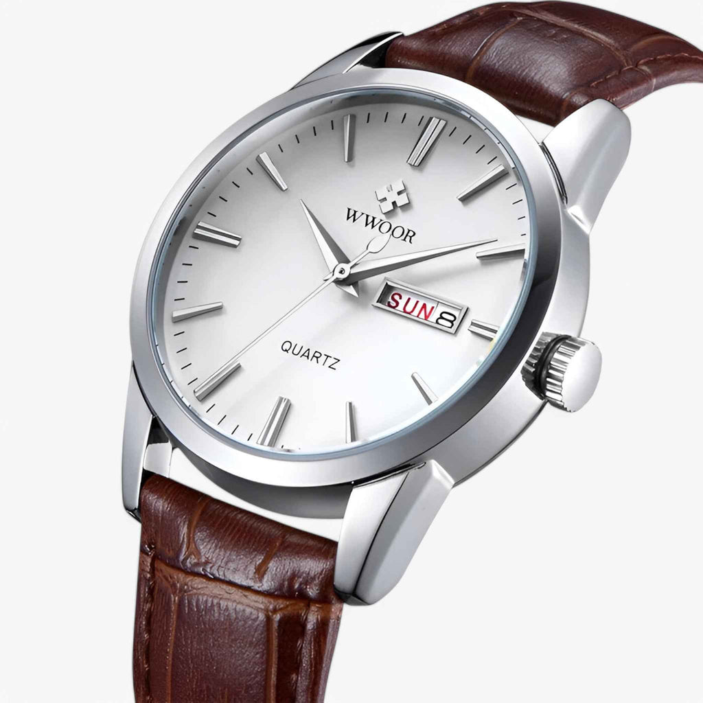 Montre Homme Classique Élégante avec Bracelet en Cuir Véritable Marron, Boîtier Fin