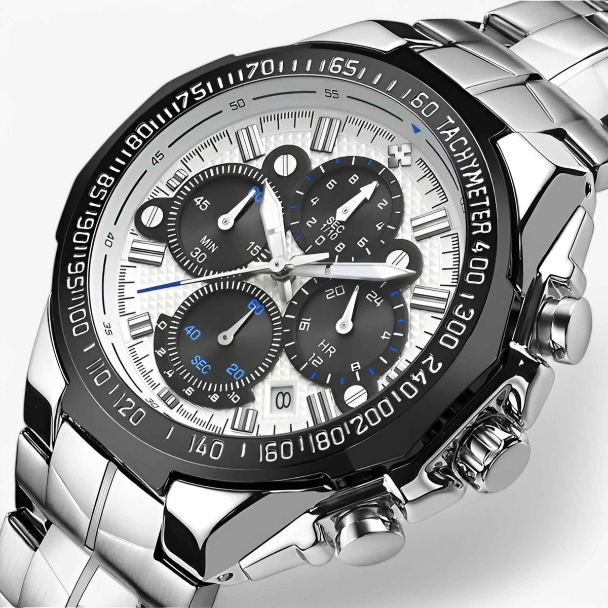 Watches : Montre de sport de luxe pour homme en acier noir, élégant chronographe étanche dans noir blanc de Marche Lino